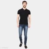 Stylish branded men's cotton blend jeans, dyed/washed. Close-up of blue denim jean with belt loops and front pocket detailing (size 28, waist 28in, length 40in, hip 32in)