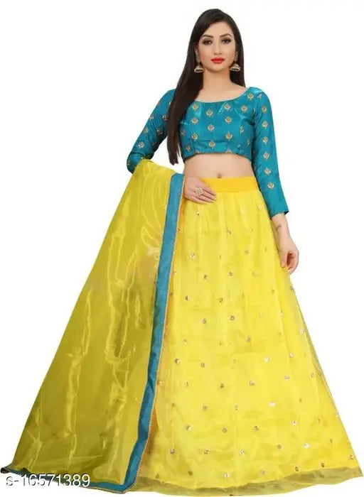 Satin and net embellished lehenga set with embroidered choli and lace dupatta, Indian traditional wear on display" (105 characters)