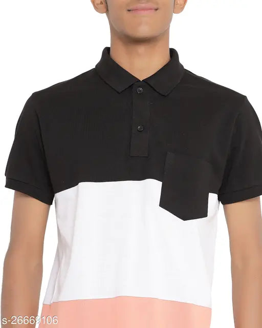 Cotton blend colorblocked men's t-shirt, short sleeves, half sleeve polo neck with pocket