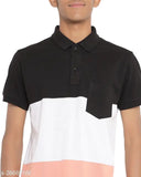 Cotton blend colorblocked men's t-shirt, short sleeves, half sleeve polo neck with pocket