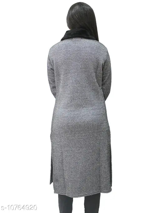Gray, woolen, long coat with side pockets