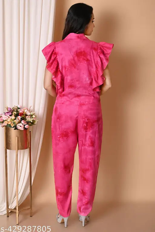 Cotton Cambric sleeveless ruffle jumpsuit for women - elegant and trendy, dyed/washed net pattern on display