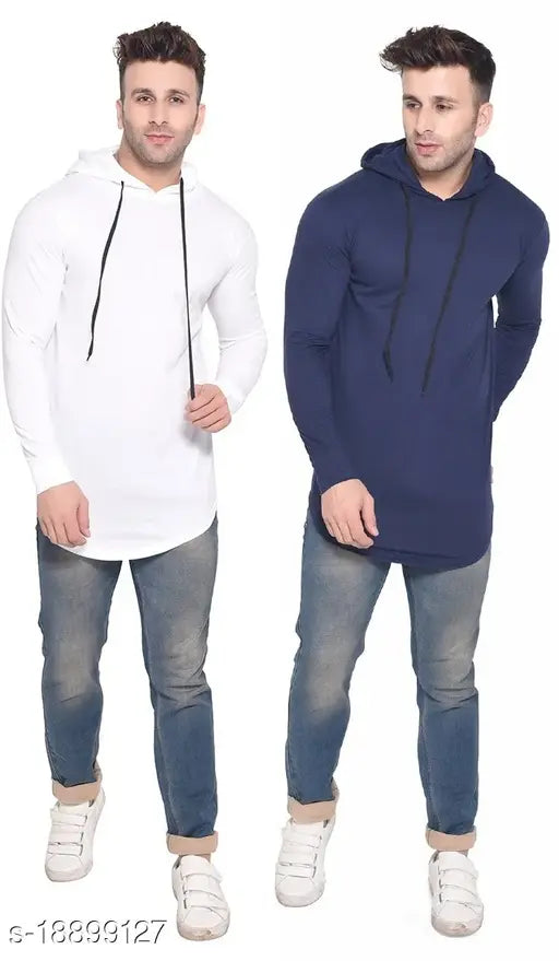 White cotton-blend hoodie pack (2 units), long-sleeve solid white t-shirts for men from India
