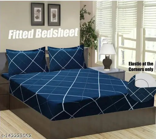 Glace cotton, elastic fitted king size double bedsheet with blue checked print & 2 pillow covers, ideal for summer decor