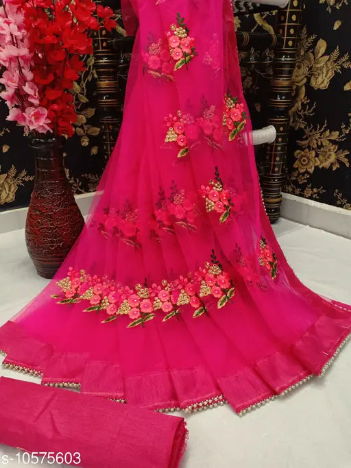 Indian soft net saree with floral embroidery, free size, party & festive wear