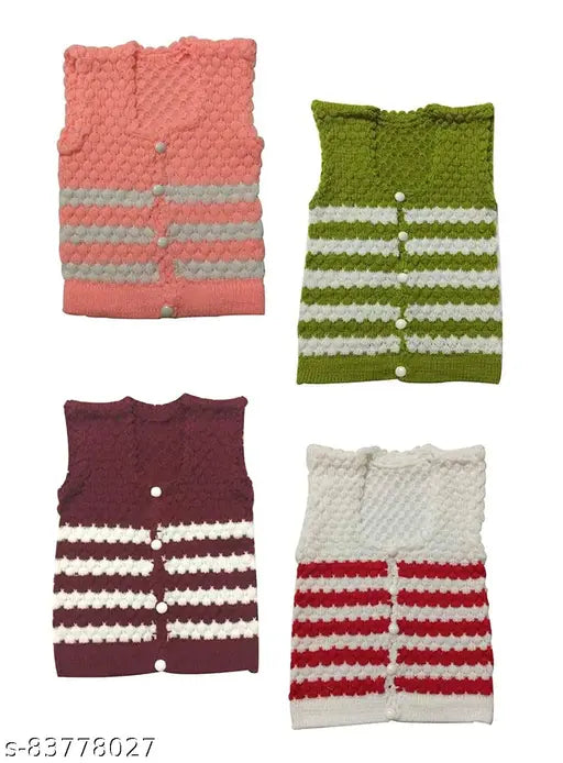 Multicolor woolen knitted sleeveless baby sweater set, 4 pieces for newborn babies (Indian origin)