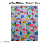 Multicolor cotton baby mattress with rainbow and cute character design.