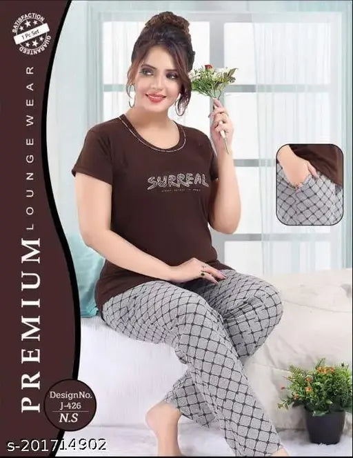 Chocolaty brown hosiery cotton printed half-sleeve nightsuit top & pyjama pants set - women's sleepwear for comfort & style