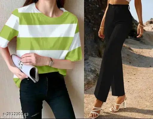 Striped Lycra SHRIEZ women's t-shirt and trouser combo, best quality fabric with print. Indian-made regular fit straight trousers for everyday wear