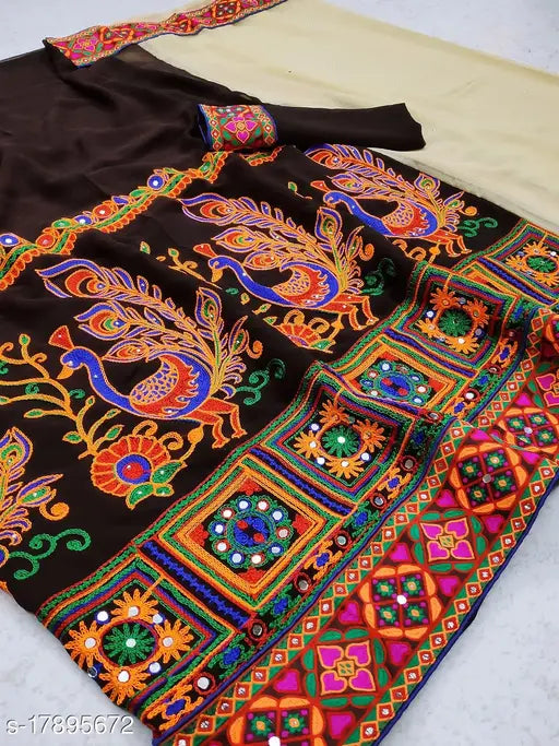 Black georgette sari with intricate kutchi embroidery and party wear design by Serona Fabrics