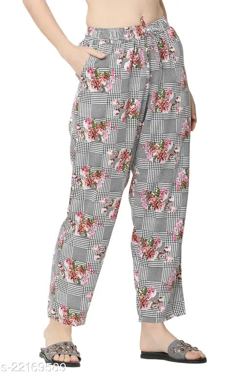 Plaid women's pants with floral pattern