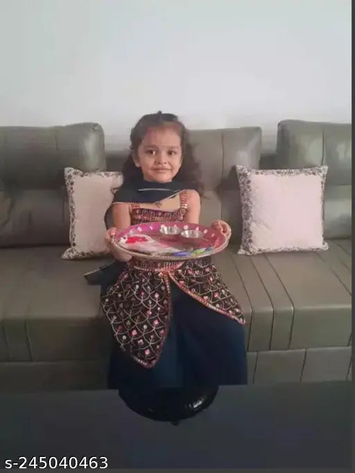 Blue Georgette Kurti Sharara Plazza and Duppata set, trending wedding festive wear for kids. Embroidered sleeveless top with palazzos bottom, available in various sizes from 3-4 to 14-15 years. Indian ethnic kids clothing