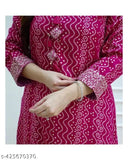 Rayon, three-quarter sleeve Bandhani print pink kurta with traditional neckline, Indian ethnic wear on model