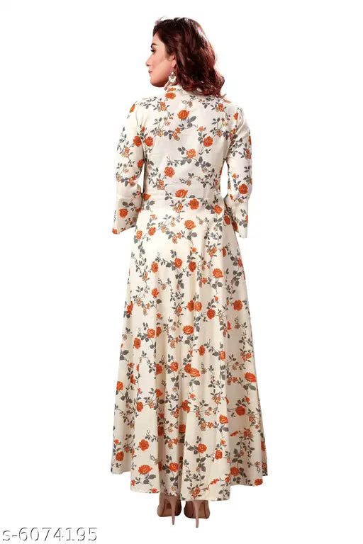 The image features a long, floral-print dress with full sleeves