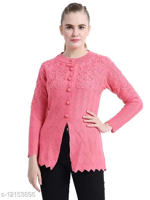 Matelco women's embroidered wool round neck pink sweater with long sleeves, intricate embroidery detail on Indian-made garment