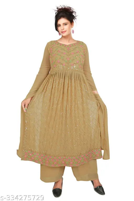 Georgette Naira cut embroidered kurti set with palazzos and dupatta, three-quarter sleeves, printed Indian fashion on display