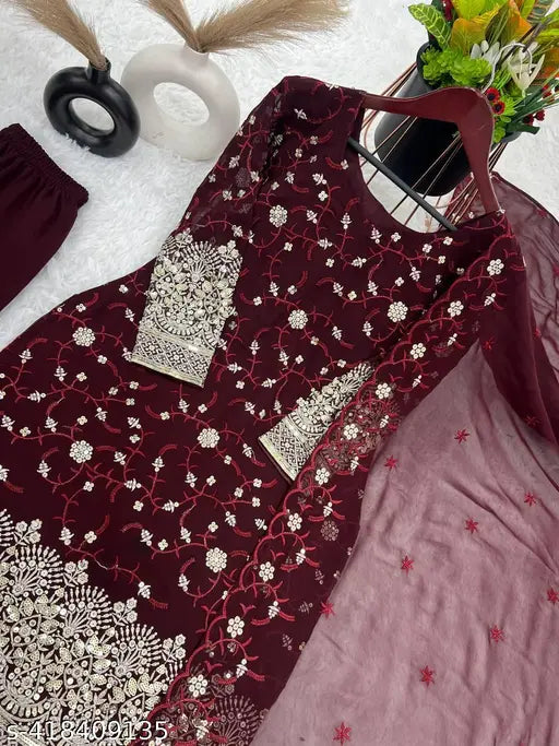 Fashionable women's ensemble with faux georgette and heavy embroidery, featuring a plazzo top and dupatta set, fully stitched and ready to wear