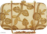 Ethnique clutch with embroidered leaves and lace in beige and gold color