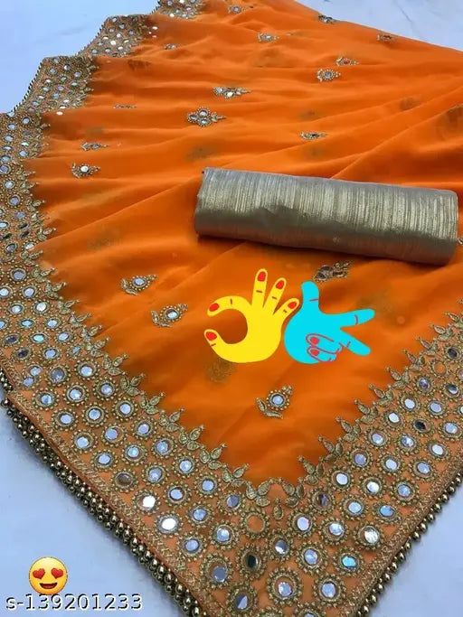 Velvet chiffon saree with unstiched blouse in orange color