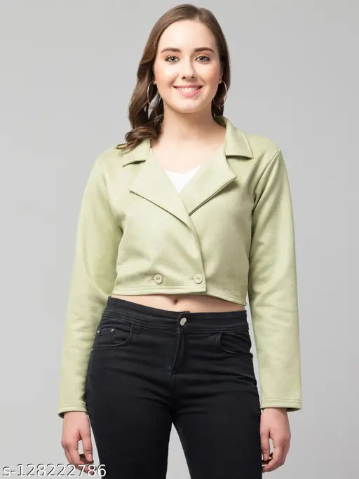 Green faux suede double-breasted casual blazer, solid color, size S (36 in bust, 16 in length) on mannequin