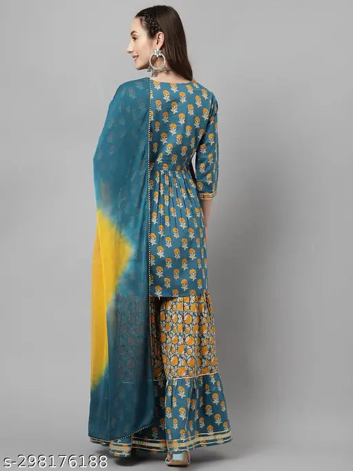 Fiorra women's peach cotton flared kurta with sharara and dupatta