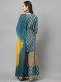 Fiorra women's peach cotton flared kurta with sharara and dupatta