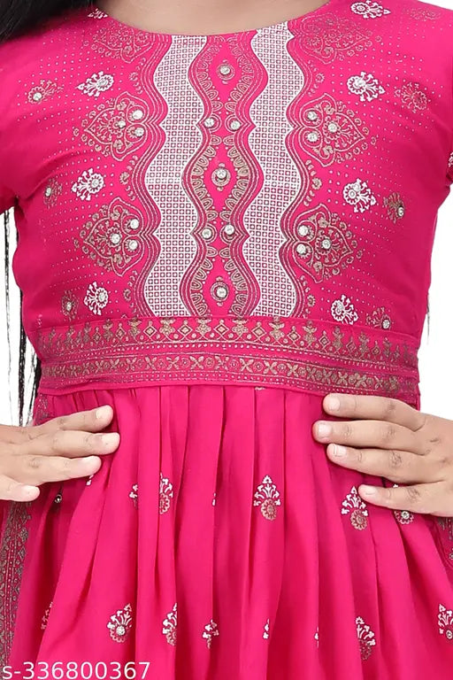 Pink color printed kid's rayon A-line kurta set with palazzo bottoms, vibrant embroidery on display