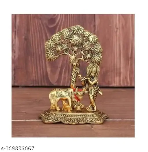 Krishna cow with calf under tree idol, metal god figurine for home, temple, office, and gifting. L-B-H: 12x8x17, Indian origin