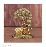 Krishna cow with calf under tree idol, metal god figurine for home, temple, office, and gifting. L-B-H: 12x8x17, Indian origin