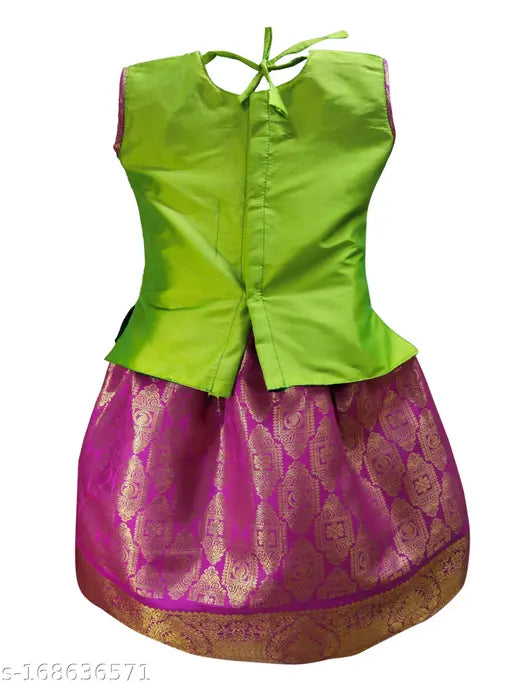 Girls traditional cotton silk lehenga-choli set, embellished with intricate embroidery. Sizes range from 6 months to 8 years, perfect for festivals or traditional gatherings. Handcrafted in India