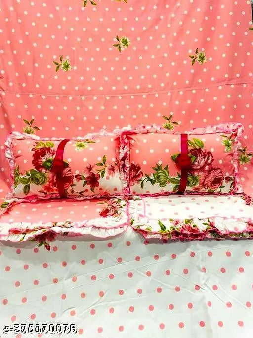Multi-colored, super soft glace cotton 5pc bedsheet set with 2 white cushions and floral print, ideal for adult double queen beds