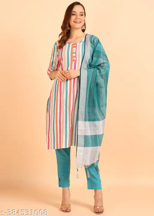 Cotton kurti pant set with dupatta, printed three-quarter sleeves, India origin