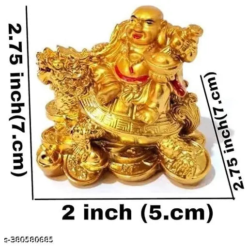 Golden resin Laughing Buddha figurine on turtle, Feng Shui gift for wealth, success, happiness, good luck - 7cm