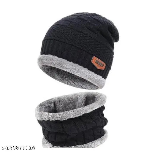 Black woolen beanie cap & neck warmer scarf set for men & women - Winter essential for cold weather