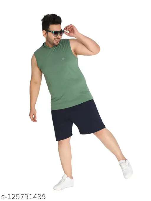 Green polycotton sleeveless Chkokko men's printed hoodie, 4-way stretch construction, XL (30 in), India