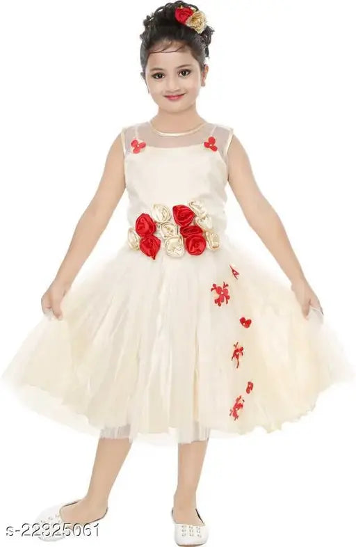 Red flower frock, net sleeveless dress with self-design pattern, for kids ages 2-3 years to 12-13 years, originating from India