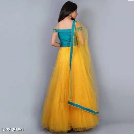 Embroidered dupion silk and net Lehenga Choli set, semi-stitched with intricate Indian embroidery, free size