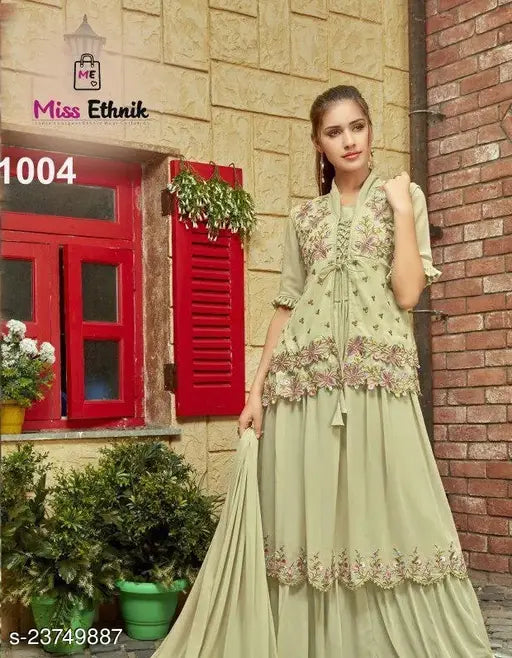 Light green faux Georgette top dress gown with unstitched Santoon bottom & embroidered flared dupatta - Indian ethnic wear for women