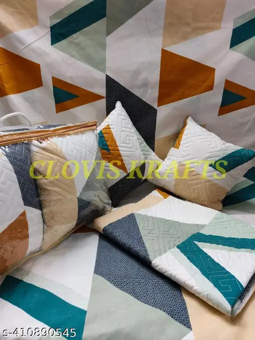 Multicolor, heavy quality cotton 5pc bedsheet set (1King size + 2 pillow covers + 2 cushion covers) with geometric embroidery, ideal for summer use by Clovis Krafts