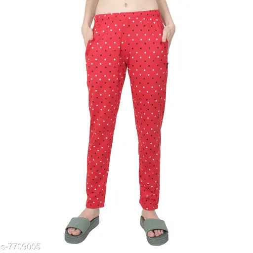Soft cotton women's regular fit track pants with red and white polka dots