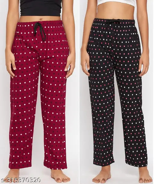 Red and black polka dot women's loungewear pants, cotton
