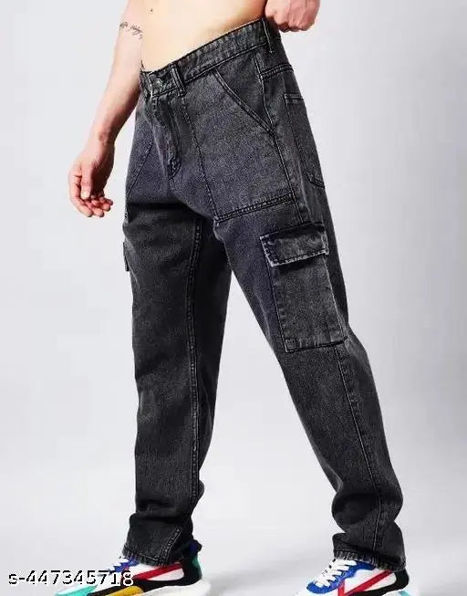 Grey distressed denim men's jeans with six pockets