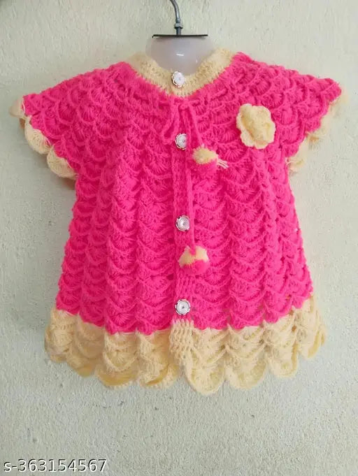 Hand-knitted woolen sleeveless sweater for baby girls, printed net design, perfect for winter in India