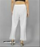 Women's regular fit white cotton pants with lace trim