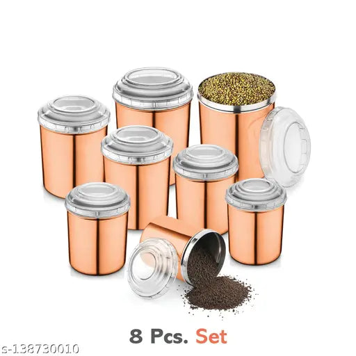 Copper and white stainless steel canister set, 8 pieces