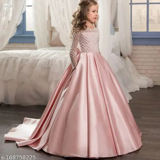 Beige satin floor-length back long tail gown with designer net sleeves for kids (5-6 years), handcrafted by Hauppers in India