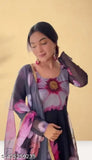 Black georgette Anarkali gown with vibrant sunflower print, long sleeves, ideal for women's casual or festive wear. Made in India (Size: S, M, L, XL, XXL)
