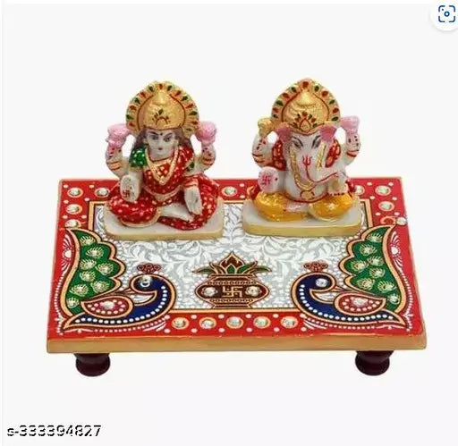 Marble Dust Ganesh-Laxmi idols with Rajasthani Meenakari painting, intricate Indian religious figurines