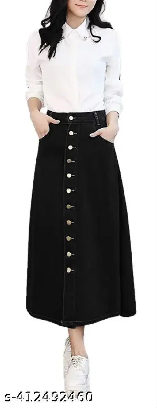 Black denim A-line maxi skirt, breathable and home washable, ideal for all body types. Size options include 26, 28, 30, 32, 34, 36, 38, 40, 42, 44, and 46 (inches). Made in India
