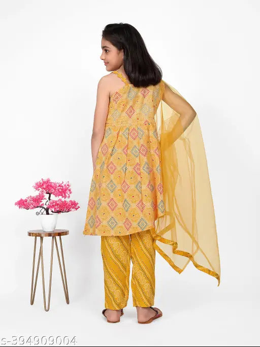 Cotton ethnic girls top set with dupatta, featuring dhoti pants and printed design, suitable for kids aged 4 to 14 years